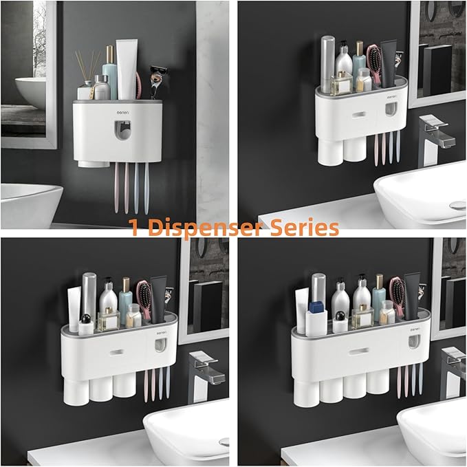 No-Drill Wall Mounted Toothbrush Holder, Bathroom Shelf, with Automatic Toothpaste Dispensers 4 Brush Hooks1 Magnetic Cups 1 Cosmetic Drawer Organizer and Large Storage (1 Dispenser 1 Cup)