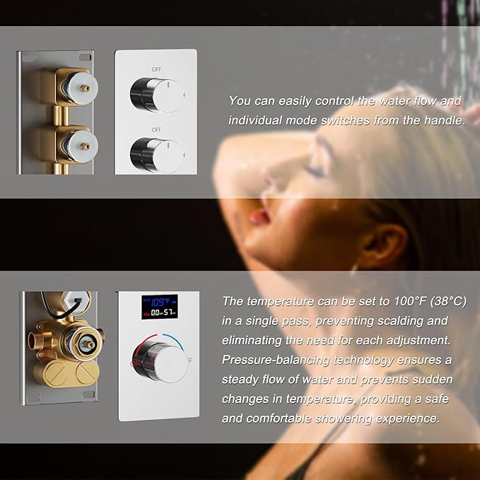 Full Body Shower System Chrome Tempreature Display Shower Faucet Set with 12 inch Ceiling Mount and 8 inch Wall Mount Shower Head, with Handheld Spray and 6 PCS Body Jet