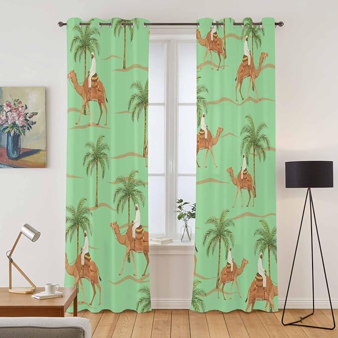2 Panel Kitchen Cafe Curtains, Desert Camels Sunlight Filtering Nature Air - Image 2