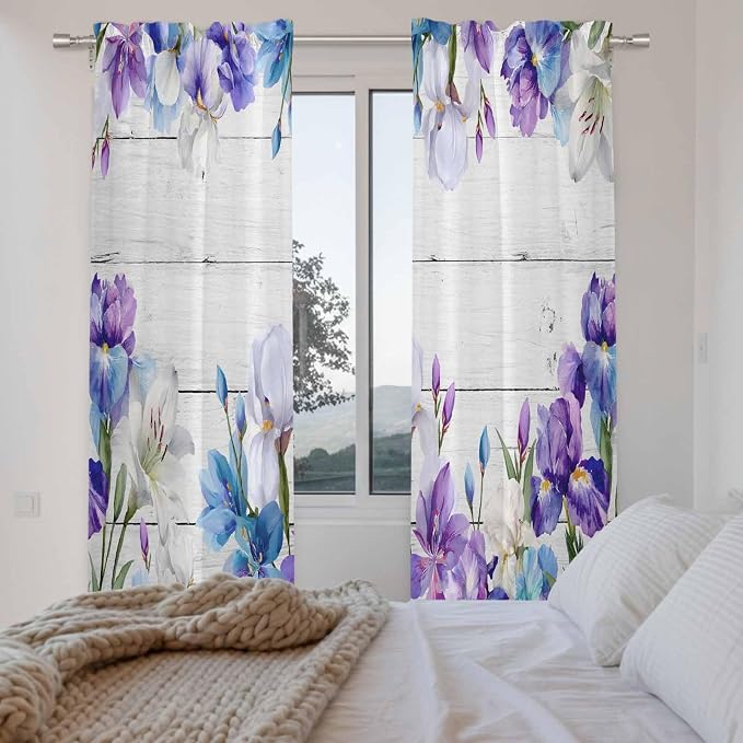Spring Flowers Kitchen Curtains, Watercolor Garden Florals Wooden Grain Light - Image 4
