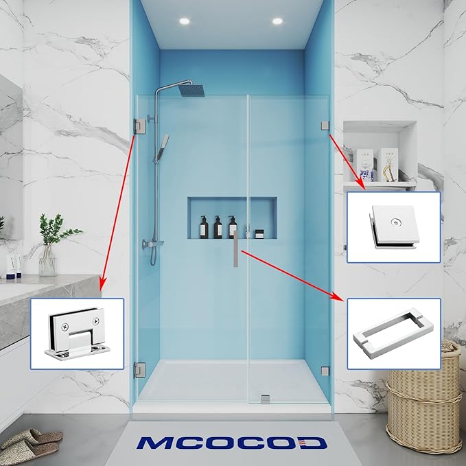 Shower Door Hardware Kit for Frameless Inline Hinged Doors, Includes Hinges, Square Pull Handles and Clamps, for 5/16"–3/8" Glass, Suitable for Bathtub or Standing Shower Setup, Chrome