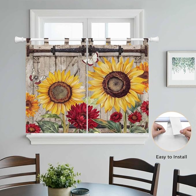 Sunflowers Bedroom Curtains 63 Inch Length, Window Curtains Tab Top, Retro - Image 4