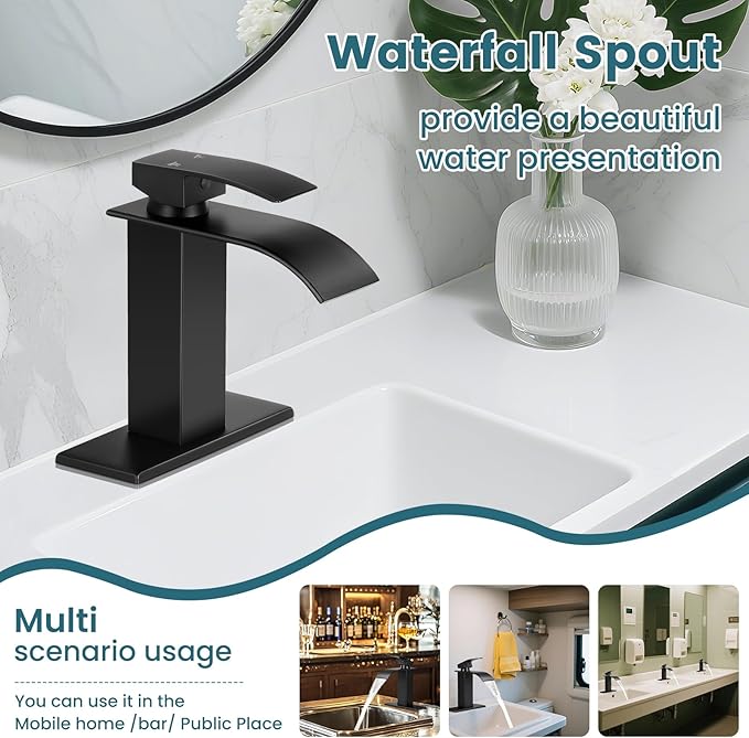 Bathroom Faucets Matte Black Waterfall Bathroom Sink Faucet Modern Single Handle Bathroom Faucet for 1 or 3 Hole Mxier Tap Washbasin Faucet with Deck, Pop-up Drain and Supply Hoses