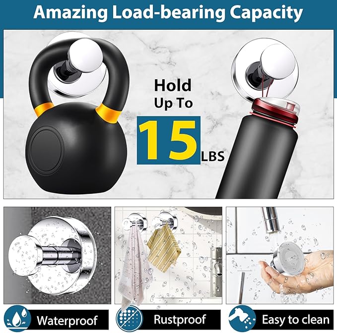 Suction Cup Hooks for Shower, Bathrooms Wall, Glass Door, Mirror, Kitchen–Towel, Robes, Coat, Hanging up to 15 lbs No-Drill Suction Hooks–Waterproof & Rustproof (Chrome, 2 PCS)