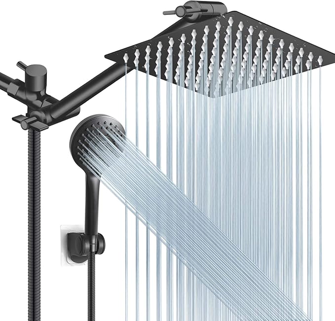 Shower Head Combo, 8 Inch High Pressure Rain with 11 Inch Adjustable Extension Arm and 5 Settings Handheld, Powerful Spray Against Low Water Pressure- Matte Black