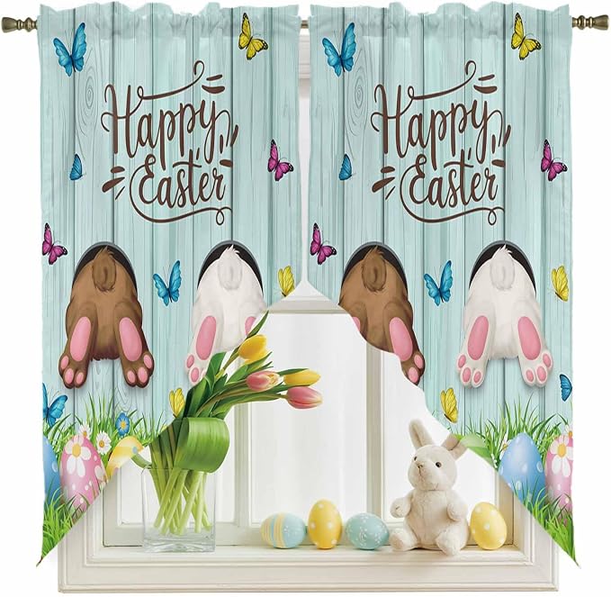 Swag Curtain Valances for Kitchen Windows, Happy Easter Bunny Butt Egg Floral - Image 2