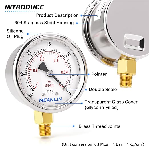MEANLIN MEASURE -30inHG~0Psi Vacuum Gauge Stainless Steel 1/8" NPT 2" FACE DIAL - Image 4