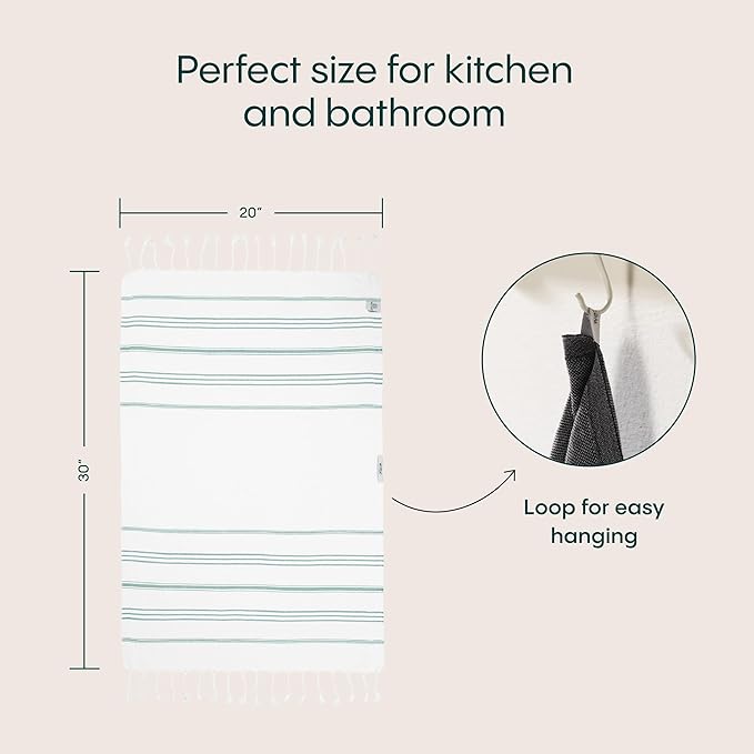 WETCAT Turkish Hand Towels with Hanging Loop, Set of 2 (20" x 30") 100% Turkish Cotton, Pre-Washed, Quick Drying, for Kitchen or Bathroom - Teal & White