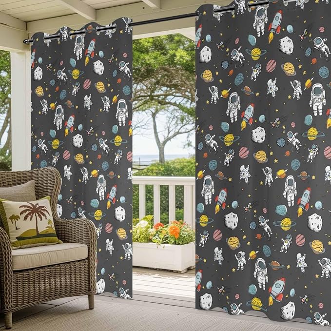 Cartoon Space Outdoor Curtains for Patio Rockets Planets Astronauts Gray - Image 5