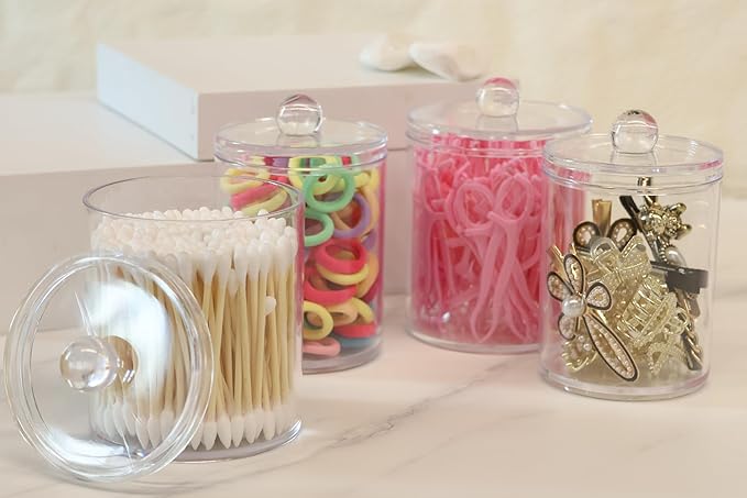 2 Pack Acrylic Qtip Holder Dispenser,Bathroom Canisters Apothecary Jar Set, Vanity Makeup Storage Organizer Set,10 oz