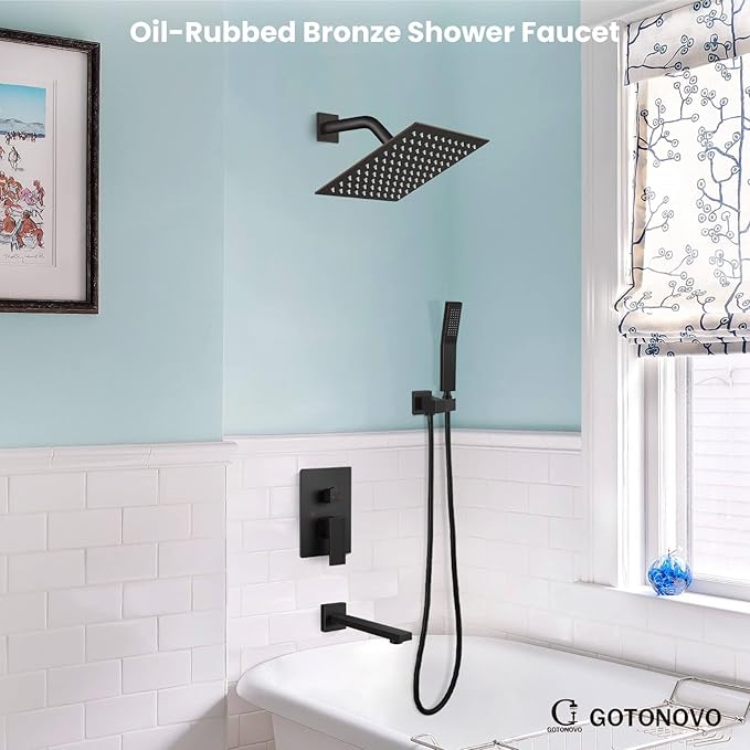 gotonovo Shower System with Tub Spout Wall Mounted Rain Shower Head and Handle Combo Shower Faucet Set with Valve, 8 Inch, Oil Rubbed Bronze