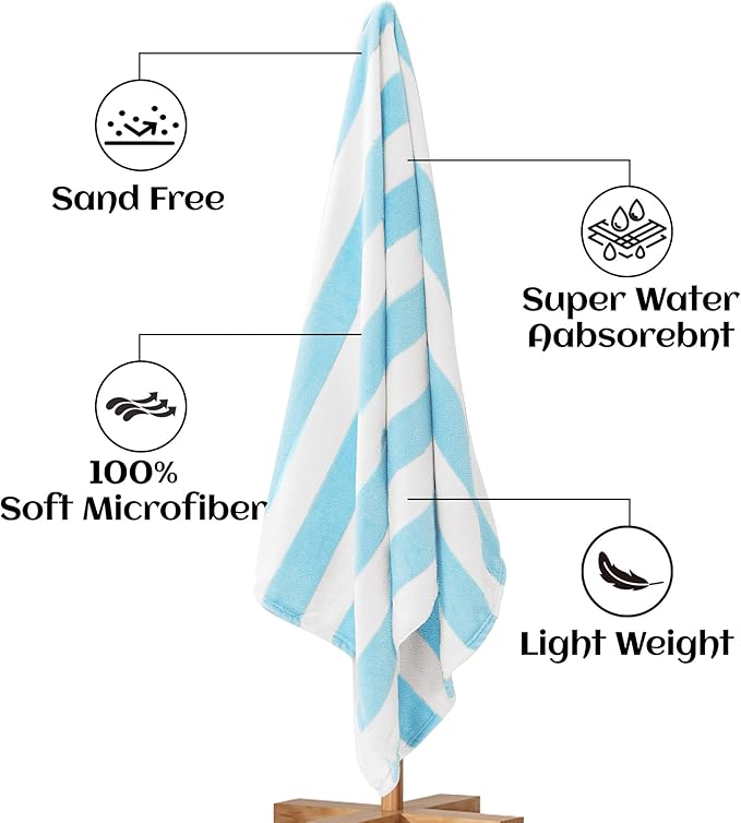 Touchat 4 Pack Cabana Stripe 250GSM Polyester Lightweight Quick-Dry Beach Towel & Blanket Combo- 30'' x 60'' Compact Travel Towel for Pool, Camping, Gym, Yoga | Ultra-Portable, Multi-Functional，Blue