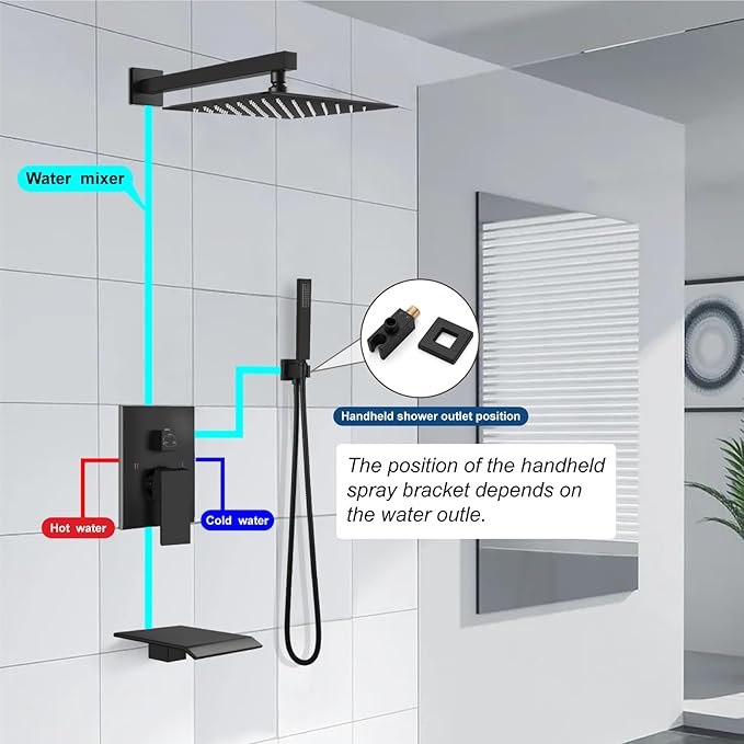 Midanya Rain Shower System with Tub Spout,Tub Shower Faucet Set with rainfall Shower Head and Handheld Spray,Wall Mount Tub Shower Combo Rough-in Valve Included,8 Inch Matte Black