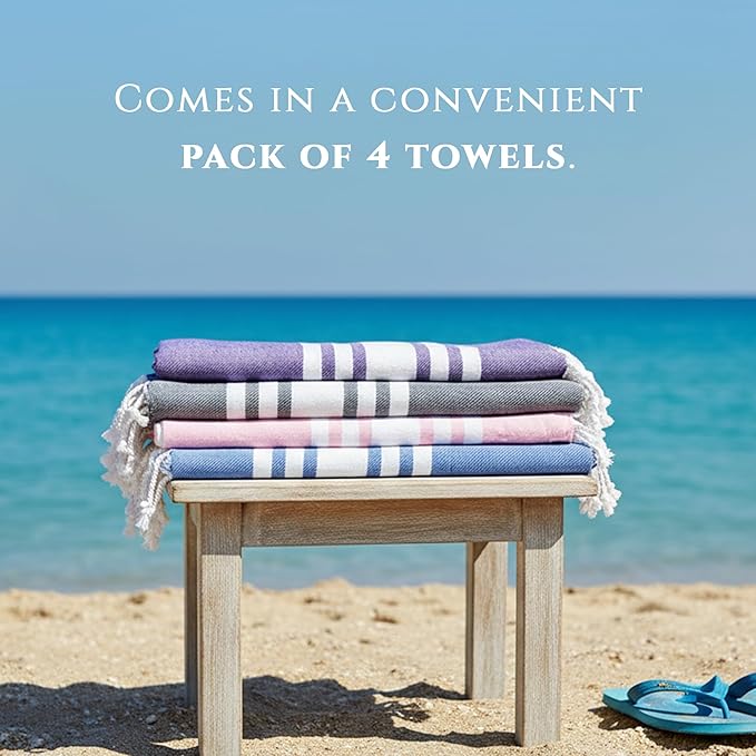 Turkish Cotton Beach Towel Pack of 4 & 1 Boho Tote Bag - Hammam Towels - No Shrink - Quick Dry - Lightweight - Sand Free - Camping - Pool - Beach Essentials - Blue,Gray,Purple, Coral (40"x70")