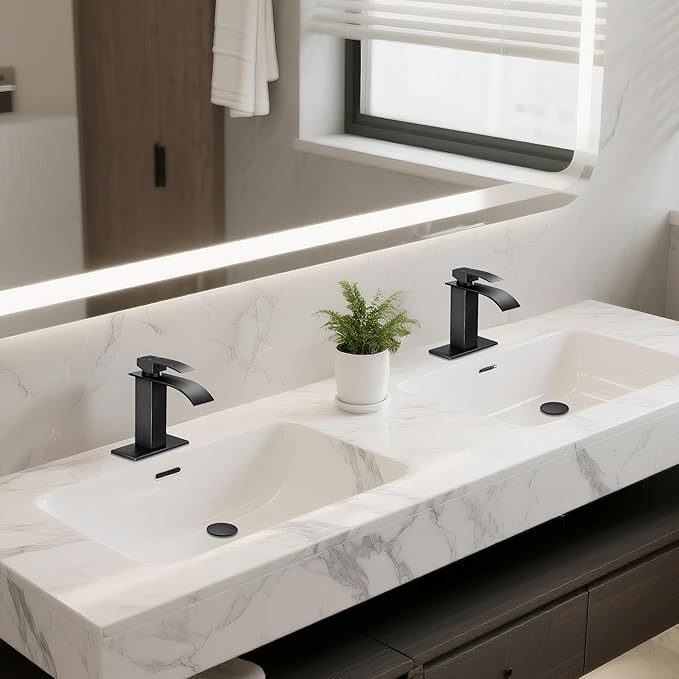 Bathroom Faucets Matte Black Waterfall Bathroom Sink Faucet Modern Single Handle Bathroom Faucet for 1 or 3 Hole Mxier Tap Washbasin Faucet with Deck, Pop-up Drain and Supply Hoses 2 Pack