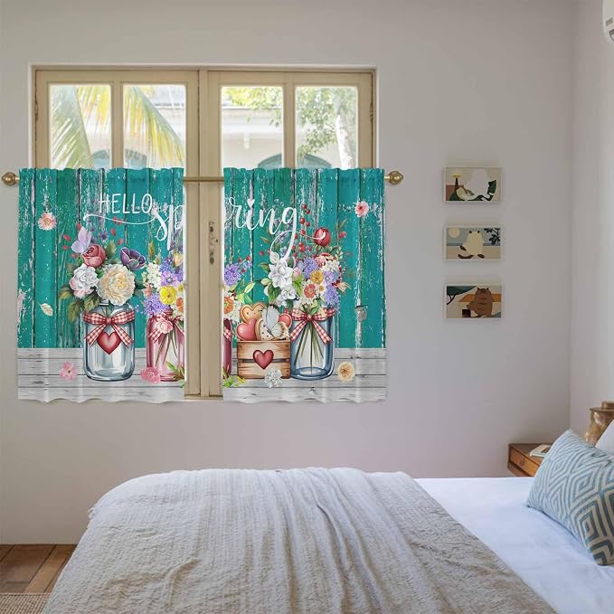 Spring Flowers Kitchen Curtains, Farmhouse Watercolor Teal Wood Grain Light - Image 4
