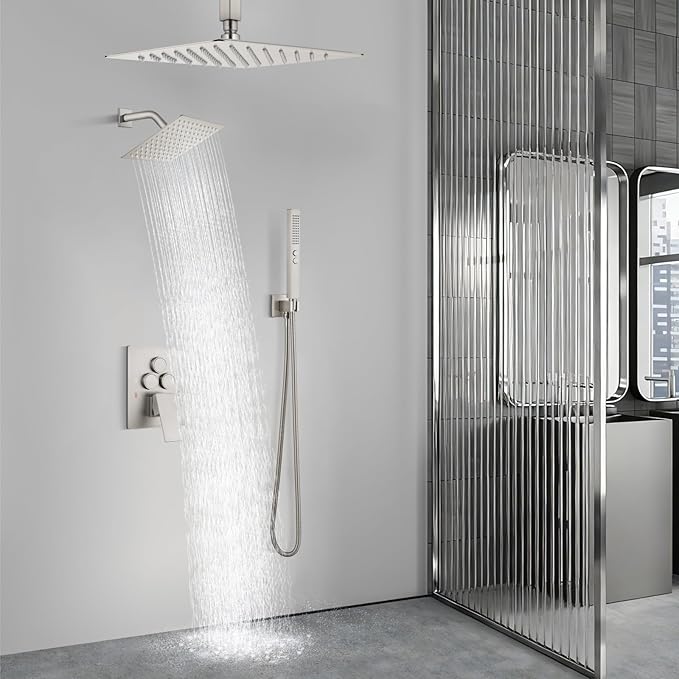 Aolemi Shower Faucet Set Ceiling Mount Shower System Rough-in Valve and Shower Trim Kit 16 and 6 Inch Dual Shower Head 2 in 1 Handheld Spray Push Button Diverter Brushed Nickel