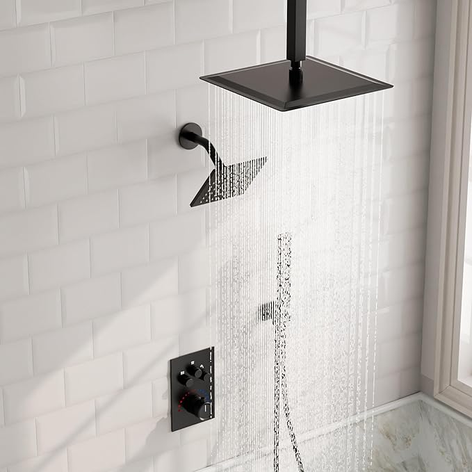 Thermostatic Shower System, Dual Rainfall Shower Heads for Ceilling & Wall Mounted with Handheld Sprayer, Matte Black