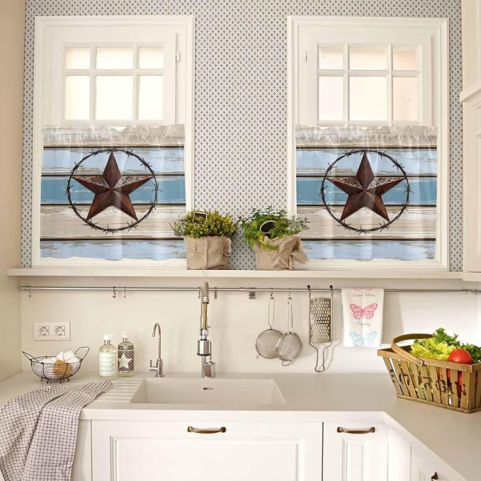 Vintage Western Star on Wood Grain Window Valance Curtains, Retro Wooden - Image 3