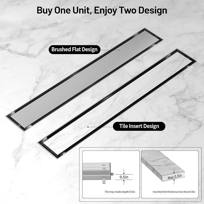 Linear Shower Drain, 304 Stainless Steel with Adjustable Leveling Feet, Hair Strainer,Reversely Install Place to Create an Invisible Floor Drain - Silver -48-Inch