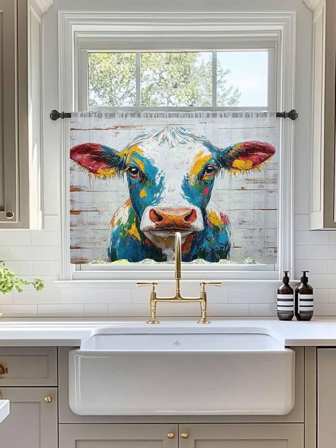 Sheer Curtains 54 Inch Length, Rustic Cow Semi Sheer Curtains Light Filtering - Image 3