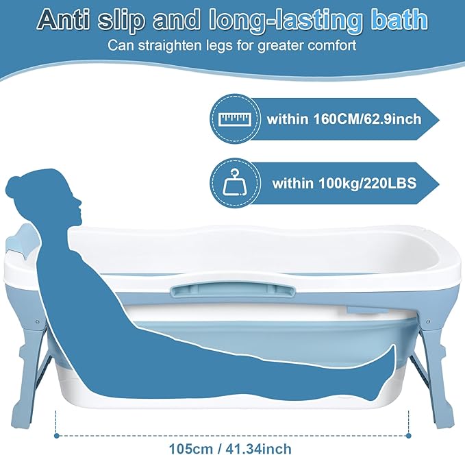 Portable Bathtub for Adult, 56'in Foldable Collapsible Tub, Ergonomically Designed Pop up Bathtub, For the Ultimate Relaxing Soaking Bath, Ideal for Small Spaces - Quick, Effortless Using Bl