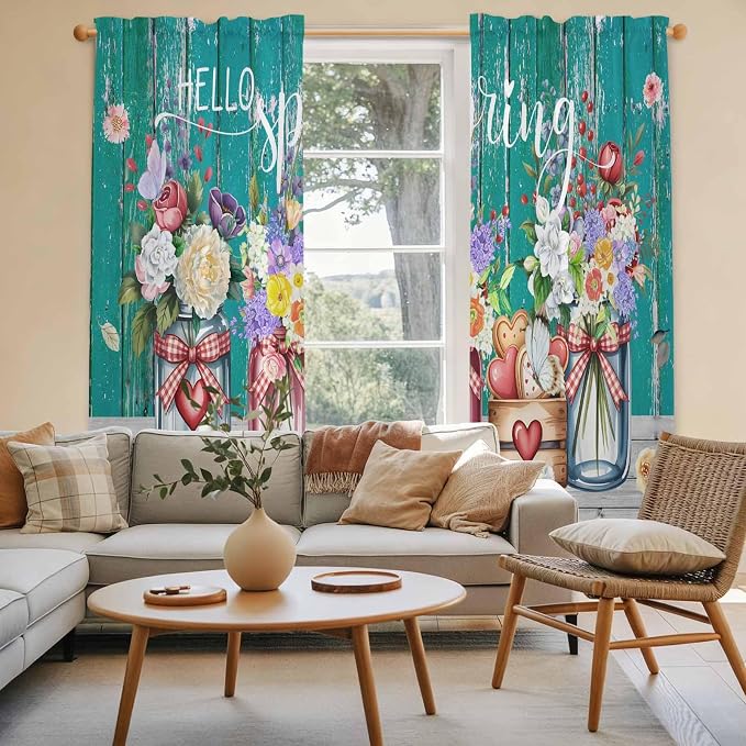 Spring Flowers Kitchen Curtains, Farmhouse Watercolor Teal Wood Grain Light - Image 3