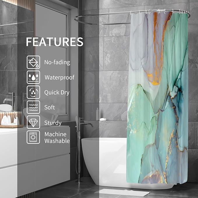 Gibelle Small Stall 36 x 72, Narrow Half Abstract Marble, Blue Green Purple Jade Texture Gold Stripes Ombre Ink Art Decor Waterproof Fabric Curtains for Bathroom