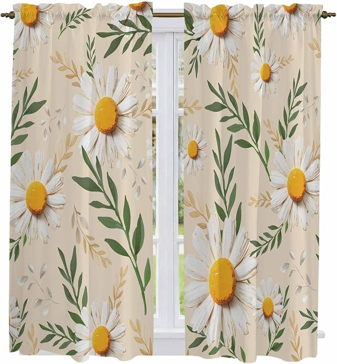 Spring Daisy Kitchen Curtains, Country Watercolor Flower Leaf Plant Light by Unknown