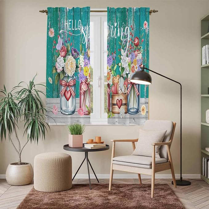 Spring Flowers Kitchen Curtains, Farmhouse Watercolor Teal Wood Grain Light - Image 7