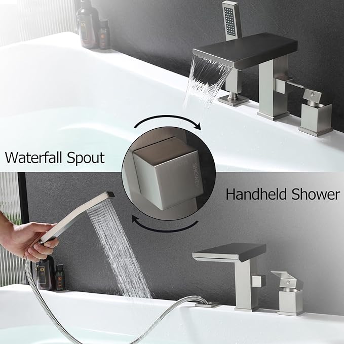Waterfall Roman Tub Faucet with Hand Shower, Deck Mount Tub Filler Bathtub Faucet with Sprayer, Brass Widespread 3 Hole Bathtub Shower Faucet Set, Brushed Nickel