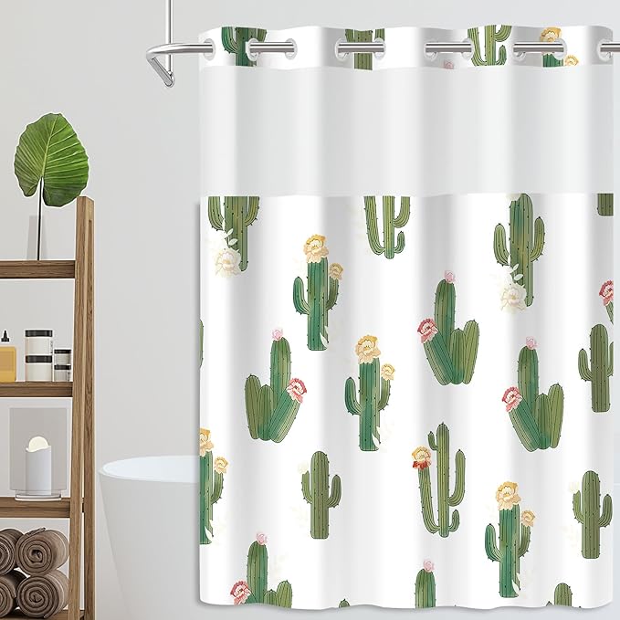 No Hook Shower Curtain Set with Snap in Fabric Liner for Bathroom,with See Through Top Window,Double Shower Curtain with Detachable Liner Replacement,Machine Washable,Cactus Pattern,71"x 74"