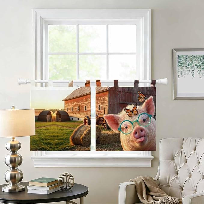 Farm Pig Kitchen Curtains 36 Inch Length, Small Window Curtains Tab Top - Image 2