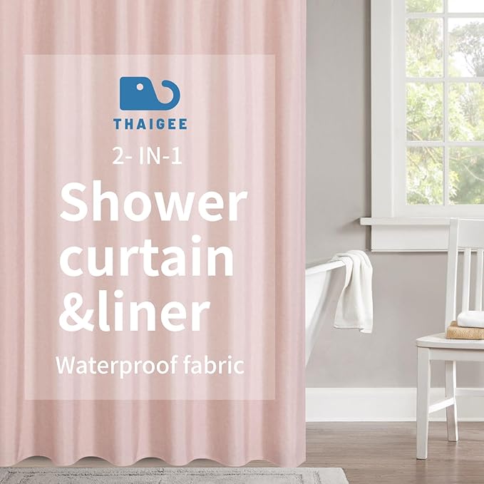 2-in-1 Waterproof Long Fabric Shower Curtain or Liner,Linen Textured,78 Inch Breathable TPU & Washable Bathroom Shower Curtain Set with 12 Plastic Hooks,Modern,72"x78" Blush