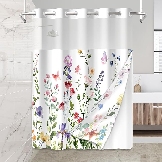 No Hook Shower Curtain Set with Snap in Fabric Liner for Bathroom,with See Through Top Window,Double Shower Curtain with Detachable Liner Replacement,Machine Washable,Garden,71"x 74"
