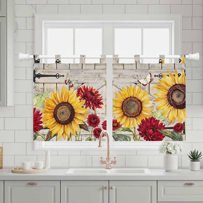 Red Yellow Sunflowers Kitchen Curtains 36 Inch Length, Small Window Curtains - Image 3