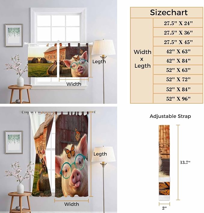 Farm Pig Kitchen Curtains 36 Inch Length, Small Window Curtains Tab Top - Image 8