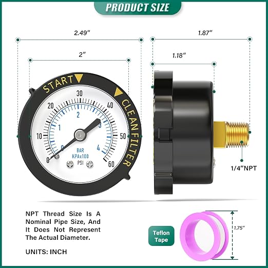 0-60PSI Pool Filter Pressure Gauge, 1/4" NPT Back Mount, - Image 2