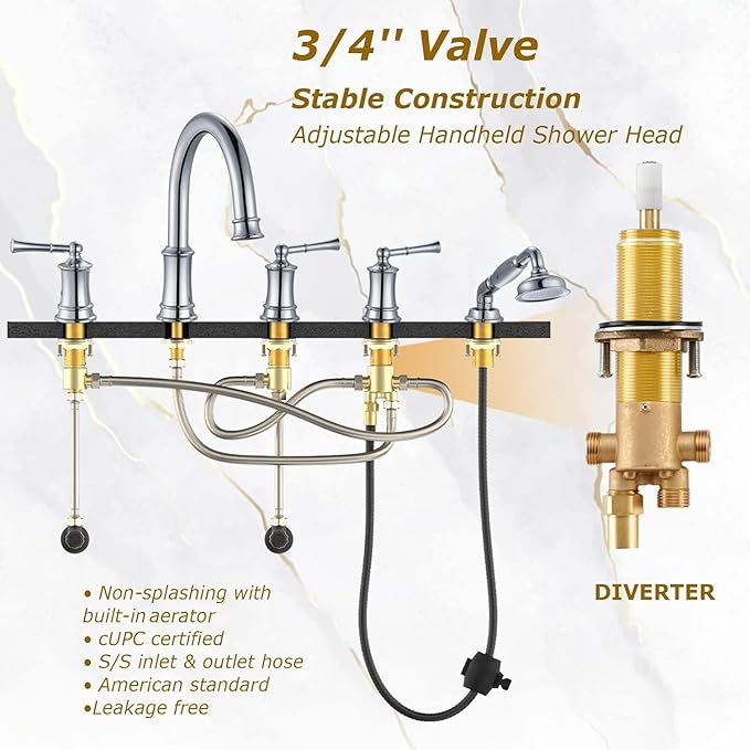 Roman Tub Faucet with Hand Shower, Antique Tub Shower Faucet Set with Valve for 5 Hole, Deck Mount 3 Handle Bathtub Filler High Flow, Polished Chrome(B2309-CP)