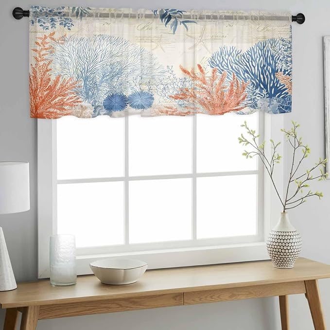 Ocean Corals Sheer Valance Curtains, Summer Beach Coral Sea Stars Retro Texture - Image 3