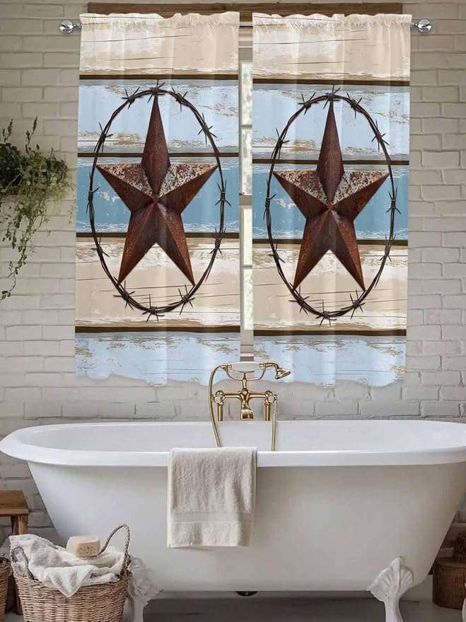 Vintage Western Star on Wood Grain Window Valance Curtains, Retro Wooden by IDOWMAT
