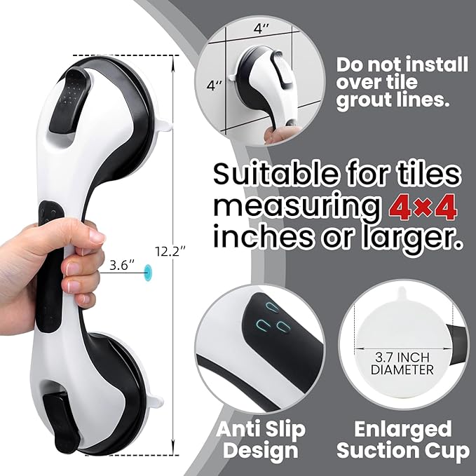 TAILI Shower Grab Bar, 12 Inch Bath Handle for Bathtubs and Showers for Elderly, Suction Grab Bars for Seniors Bathroom Safety Handle for Elderly, No Drilling Removable, Black