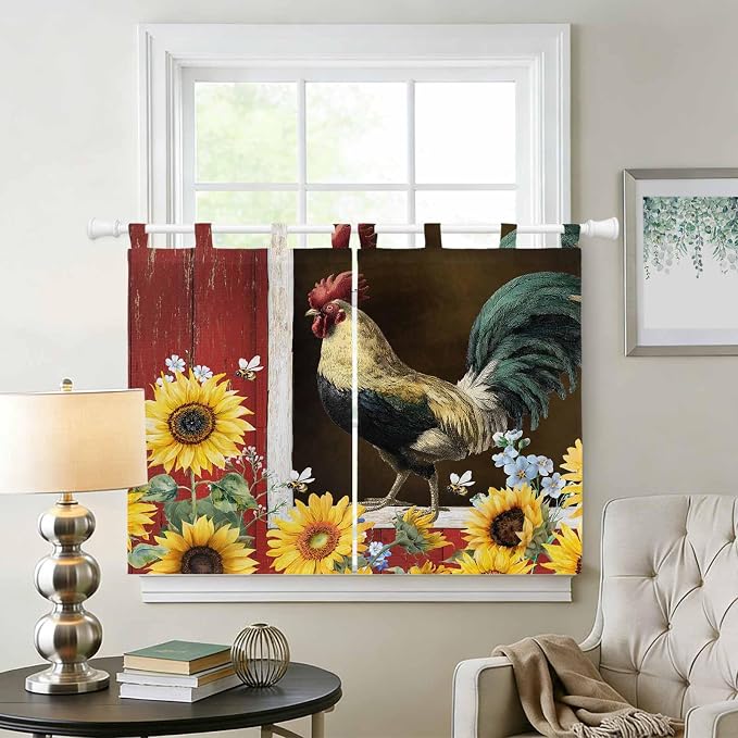Chicken Sunflowers Kitchen Curtains 45 Inch Length, Short Cafe Window Curtains - Image 2