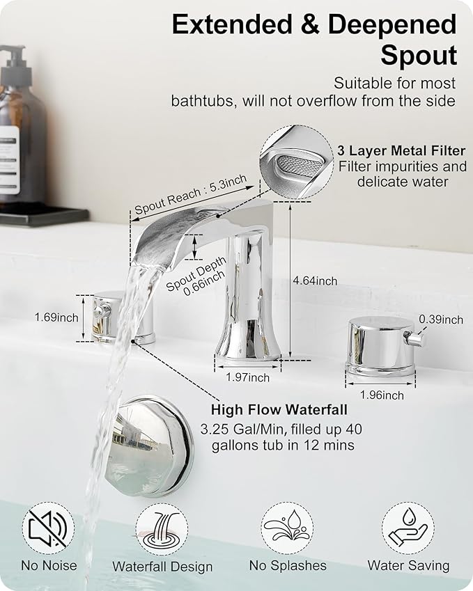 Waterfall Bathtub Faucet Set, Chrome Deck Mount Tub Faucet High Flow Brass Bath Tub Faucets 6-16 Inch 2 Handle Widespread Roman Tub Faucet 3.25 gal/Min Psi 60 1/2" Water Supply Line No Leaks