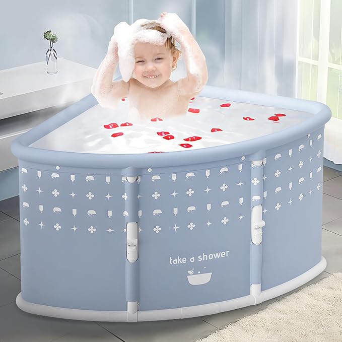 Foldable Bathtub for Adults, 28.8" Fan-Shaped Portable tub, Large Collapsible Soaking Tub Hot Bath & Ice Bath, Freestanding Corner Baths Thickened PVC No Installation Required, Indoor Outdoor