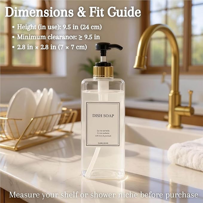 Modern Gold Design Shampoo and Conditioner Dispenser, Large 27oz Shower Soap Dispenser, Set of 3 Refillable Empty Plastic Pump Bottles for Bathroom (6 Waterproof Labels Included), (Clear & Black)