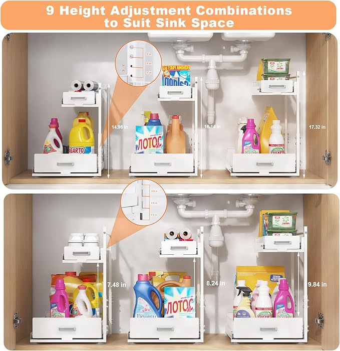 Under Sink Organizer,2 Tier Slide Out Kitchen Cabinet Organizers with Pulley,Under Bathroom Sink Pull Out Organizer with Multiple Height Adjustments for Kitchen and Bathroom Cabinets-White