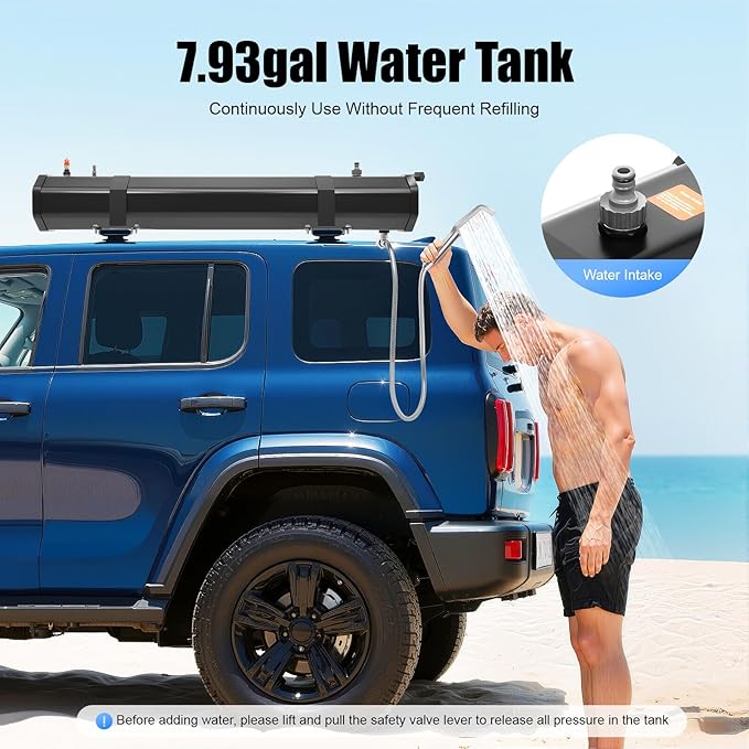 Portable Car Camping Shower, Pressurized Water Tank 7.93 Gallon Roof Rack Mount Road Shower Outdoor Roof Rack Water Tank with 5.58ft Water Hose & Shower Head for Trucks Off Road RV SUV