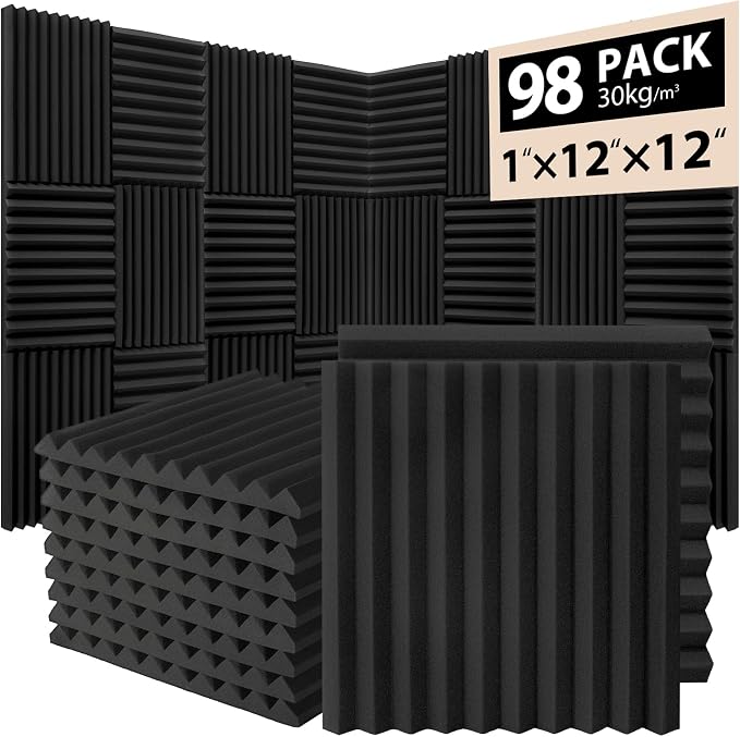 98 Pack Acoustic Foam Panels, Noise Cancelling Dampening Sound Absorbing Black by Saiqiang