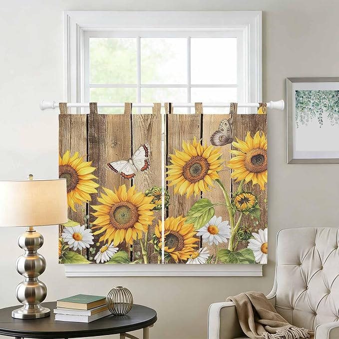 Farmhouse Sunflowers Bedroom Curtains 63 Inch Length, Window Curtains Tab Top - Image 2